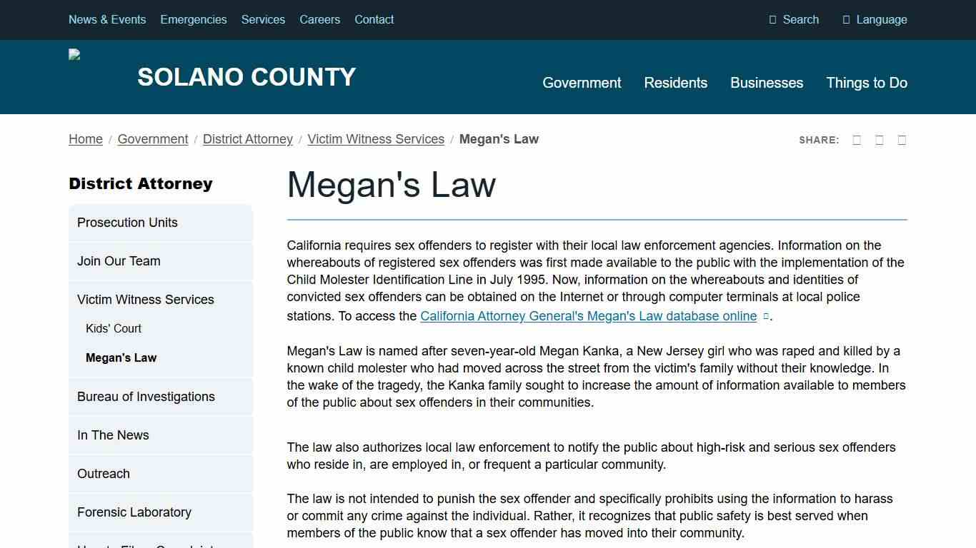 Megan's Law Solano County, California