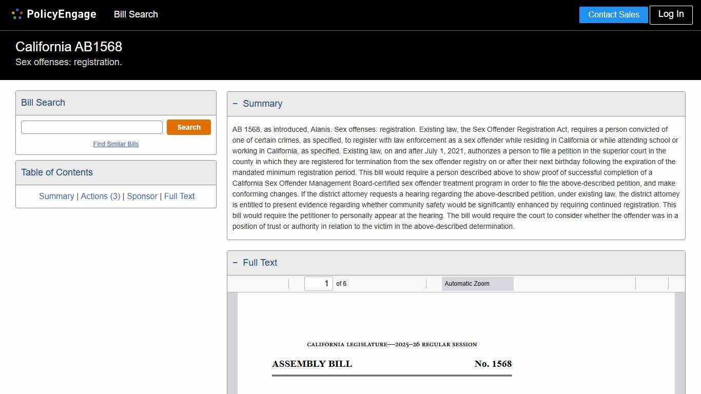 AB1568 California 2025-2026 Sex offenses: registration. - Legislative Tracking PolicyEngage